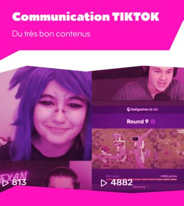 Planche rose vif titrée « Communication TIKTOK — Du très bon contenu », présentant quatre captures de vidéos TikTok de la MMI LAN avec leurs compteurs de vues, dont 813 et 4 882.