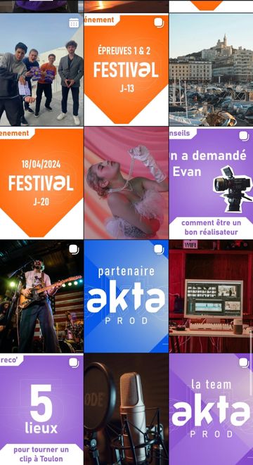Suite de la grille Instagram d'Akta Prod : compte à rebours orange « Festival J-13 » et « J-20 », photos de concert et de tournage, visuel « la team Akta Prod ».