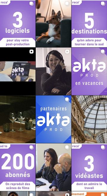 Grille de publications Instagram d'Akta Prod aux dominantes violettes : carrousels « 3 logiciels pour slay votre post-production », « 5 destinations », visuels de marque et vidéos de tournage.